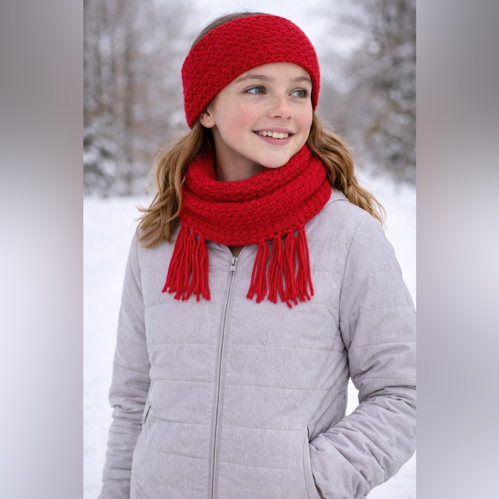Handmade Hand-Knit Red Scarf & Headband Set – Cozy Winter Accessory